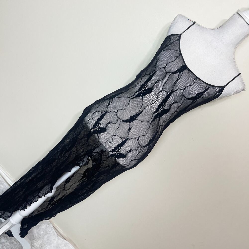 Leg Avenue Butterfly Lace Long‎ Gown 100% Nylon With Slit Black Stretch One Size - Picture 2 of 11